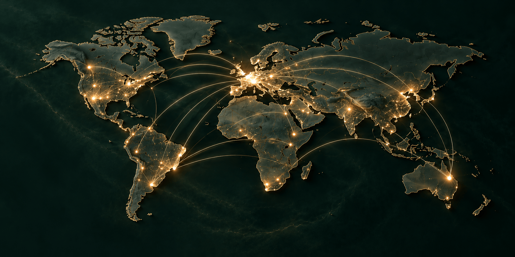 Editorial world-map artwork with illuminated connections; not a map of current attraction coverage